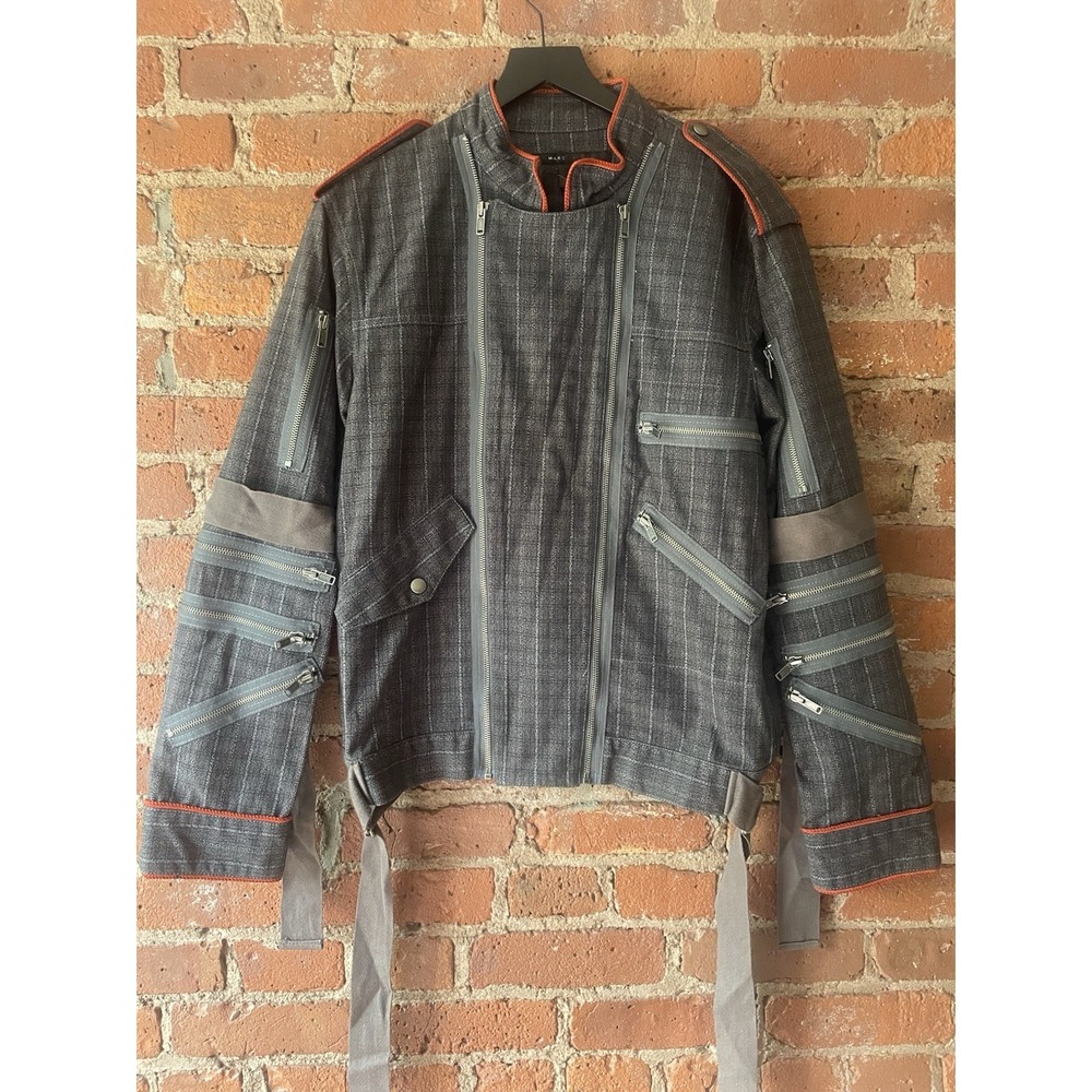 Marc Jacobs Vintage Denim Plaid Zipper Biker Jacket Sz L Mens Blue/ Gray/ Orange